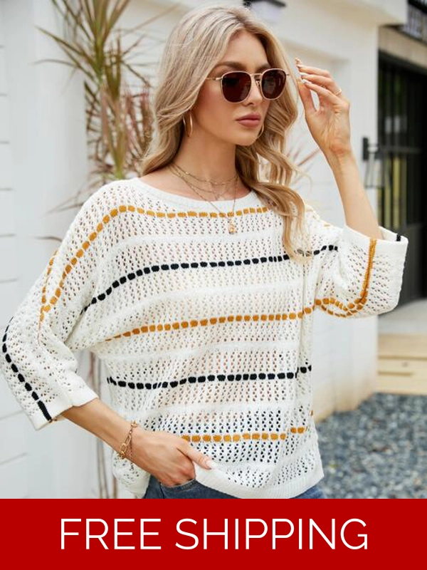 Eyelet Striped Round Neck Knit Top